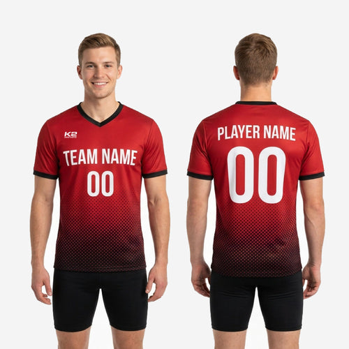 Collar and sleeve cuff detail of custom red soccer training jersey showing black V-neck trim and matching black cuff band