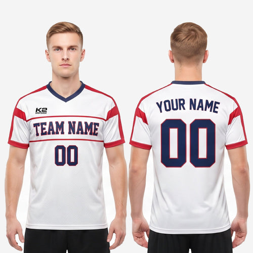 Custom red and white soccer jersey sleeve cuff detail showing red band accent matching horizontal chest stripe