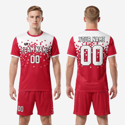 Full 2-piece custom red and white sublimated soccer uniform set for men including jersey and matching shorts