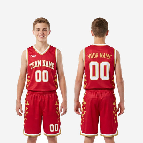 Back view of custom red youth basketball uniforms showing player name and back number zones on the fully sublimated red jersey