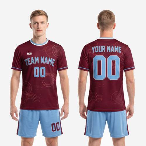 Back view of custom retro soccer uniform in maroon and powder blue showing player name and number print zones