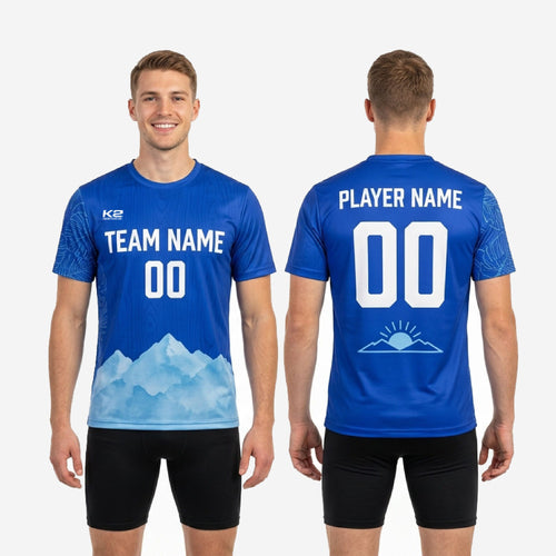 Back view of custom royal blue practice jersey showing player surname and number print zones in white