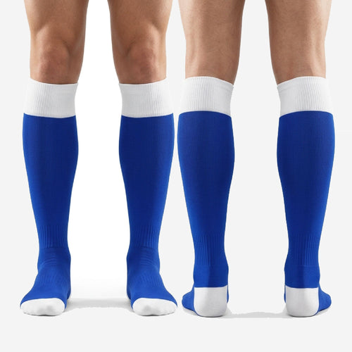 Custom royal blue and white over-the-calf soccer socks pair for team and club orders