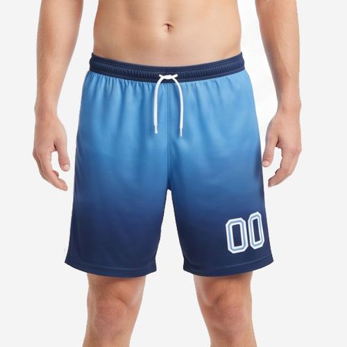 Custom sky blue and navy blue gradient soccer shorts with white player number on right leg, front view on adult male model