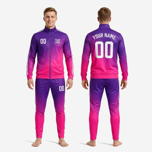 Close-up of white double-stripe trim on custom soccer tracksuit in Royal Purple and Hot Pink gradient