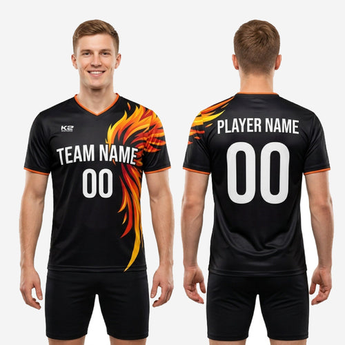 Full-dye sublimation detail on custom Jet Black and Neon Orange soccer training jersey, made to order