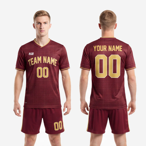 Full custom soccer uniform men maroon and Athletic Gold back view showing player name and back number placement