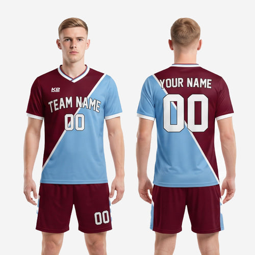 Full custom soccer uniform men maroon and powder blue kit back view showing player name and number print zones