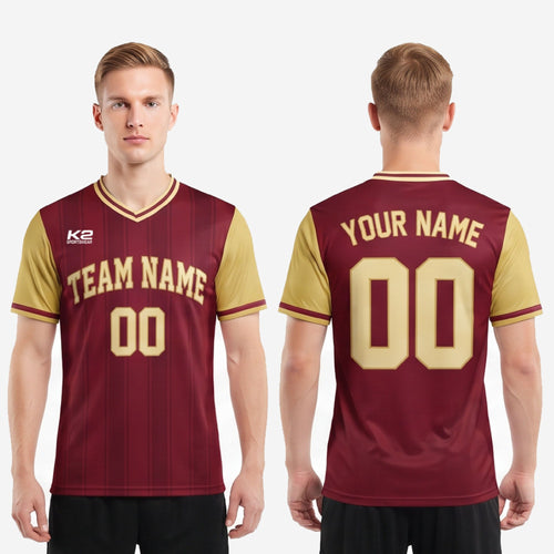 Full body view of custom sublimated red and gold soccer jersey showing pinstripe pattern and athletic cut fit