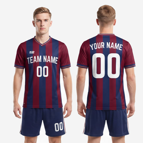 Full custom sublimated soccer kit set in burgundy and navy blue vertical stripe pattern