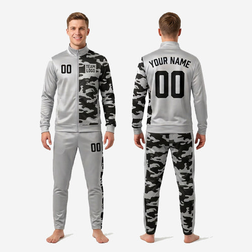 Custom sublimated soccer tracksuit pants detail showing Silver and Camo split with club branding strip on right leg