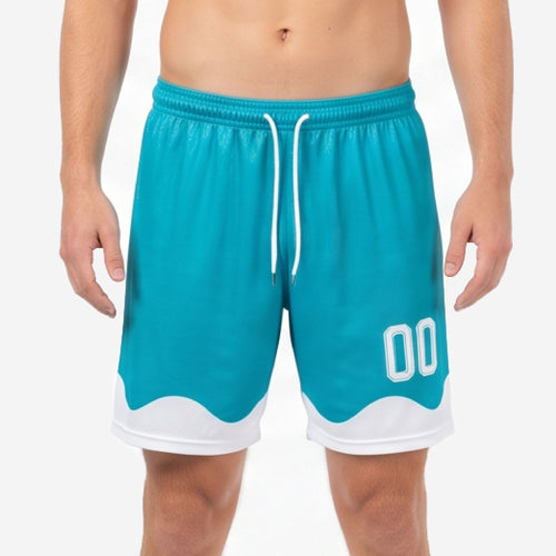 Custom teal soccer shorts with white wave hem panel and player number 00 on right leg, front view on male model