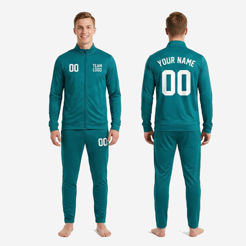 Custom teal soccer tracksuit front and back view showing chest number, team logo placement, back name, back number and left-leg pant number