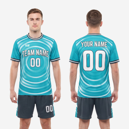 Full custom teal and charcoal soccer uniform set with sublimated jersey and matching shorts
