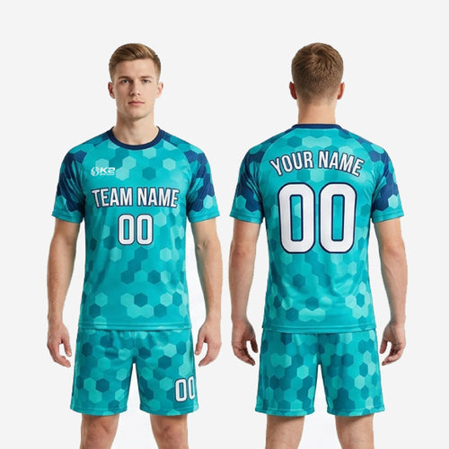 Men's custom teal hex sublimated soccer uniform full set showing jersey and matching shorts from K2 Sportswear