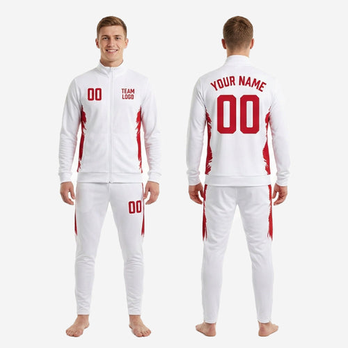 Close-up of red brush-stroke sublimation panel on custom white soccer tracksuit jacket and pants set