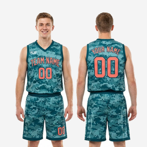 Size and specification chart for teal custom youth basketball uniforms showing youth and adult size run measurements for jersey and shorts