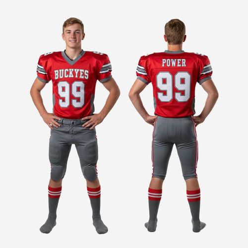 Close detail of red youth football uniform jersey showing gray-white-gray sleeve stripe bands V-neck collar and sublimated chest number print quality
