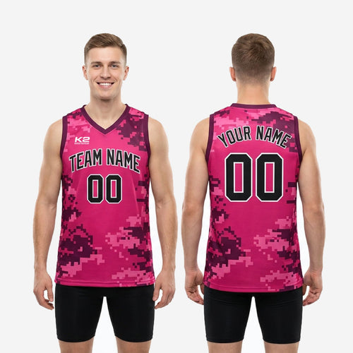 Back view of sublimated digital camo basketball jerseys in pink and maroon showing back number placement and full pixel camo pattern coverage