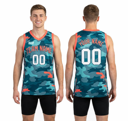 Back view of digital camo basketball jersey in teal and orange showing back number and player name placement