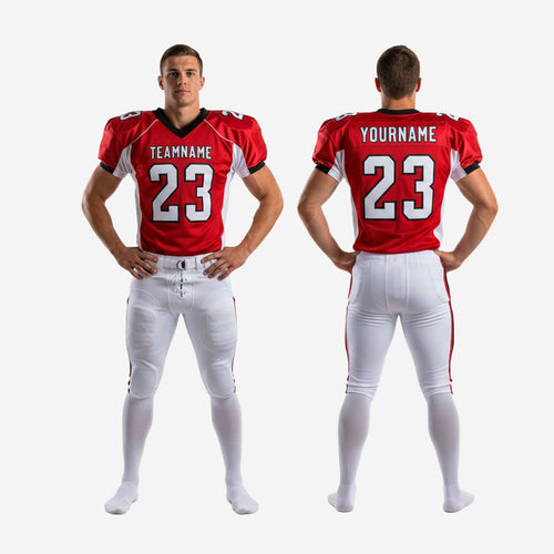 Size and specification sheet for custom red and white football uniform set showing youth and adult size options and print zone layout