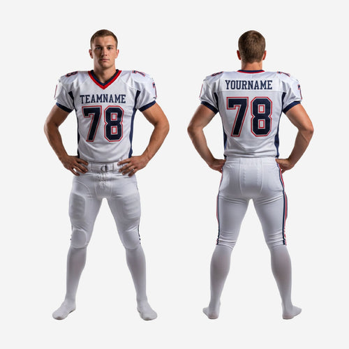 Close detail of V-neck collar red and navy trim and front number on white club football jersey