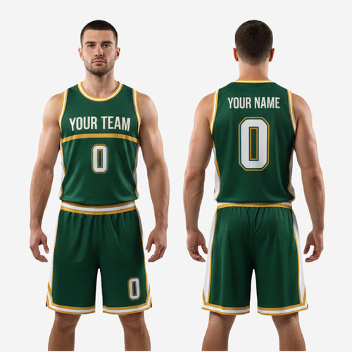 Back view of forest green and gold custom basketball uniform set showing player name and number placement