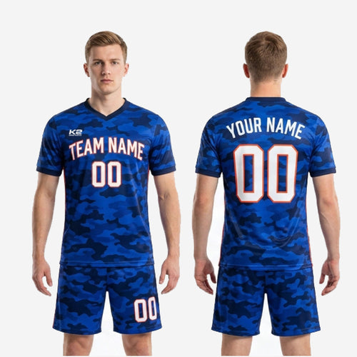 Full print custom men's soccer uniform set in Royal Blue camo, front and back view with team name chest print and matching camo shorts