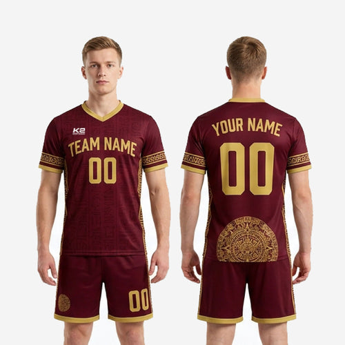 Full-dye sublimated maroon and gold men's soccer uniform set with geometric collar and cuff trim