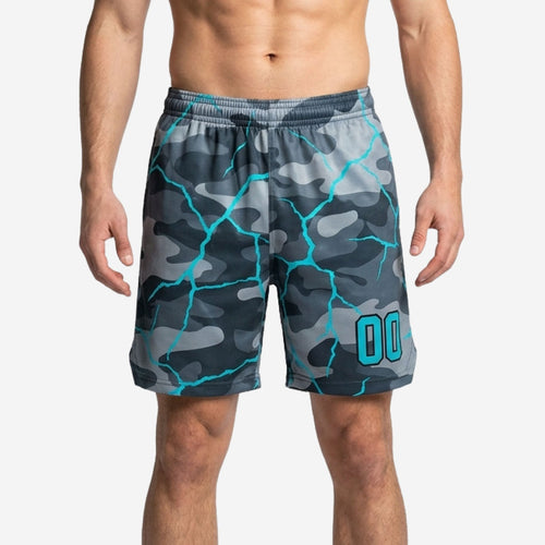 Full sublimation basketball shorts in grey camo with cyan crack pattern and sublimated player number 00 on the front leg panel