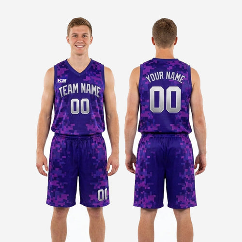 Size and specification chart for purple digital camo full sublimation basketball uniforms showing youth and adult size run