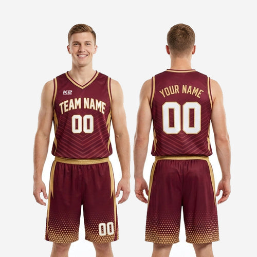 Size and specification chart for custom burgundy basketball uniforms, youth and adult sizing available for full roster orders