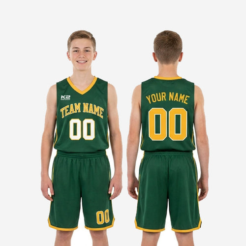 Size and specification sheet for green and gold custom youth basketball uniforms showing available youth sizes across full roster