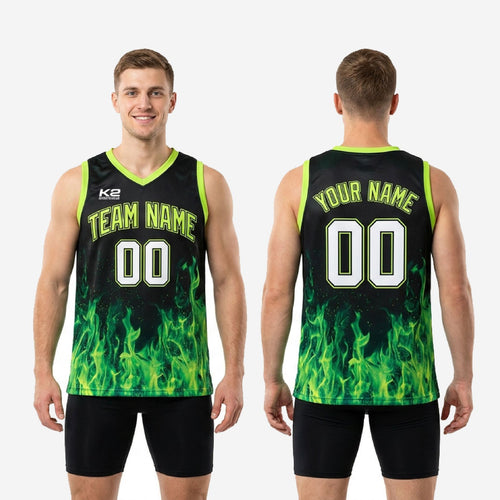 Right side view of custom neon green basketball jersey with photorealistic flame sublimation print and lime green neckline binding