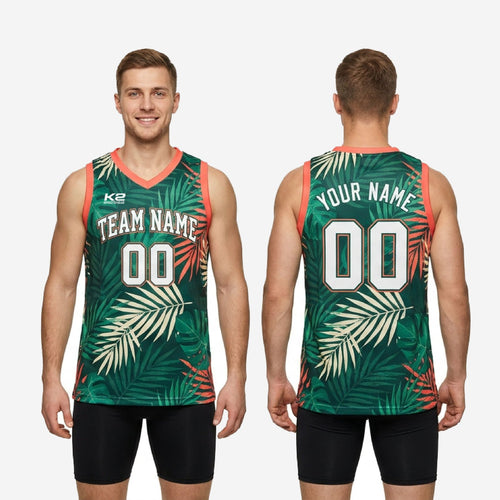 Back view of green basketball jersey showing back player name across shoulders and large back number on tropical palm-leaf sublimated panel