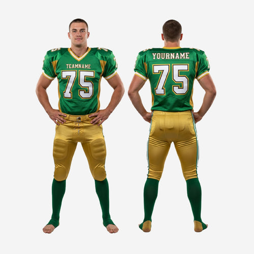 Size and specification sheet for custom american football team uniforms in green and gold, showing youth through adult sizing and print zone layout