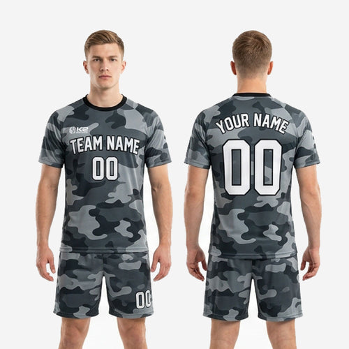 Full kit view of custom gray soccer uniforms in urban camo charcoal and grey for club and league teams