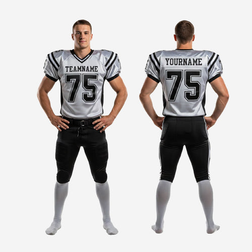 Size and spec sheet for white and black American football team uniform packages showing youth and adult size run