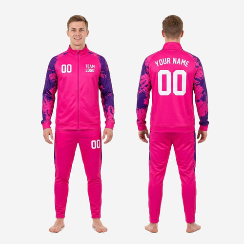 Closeup of the splash print transition between hot pink and Royal Purple on the custom pink soccer tracksuit sleeve