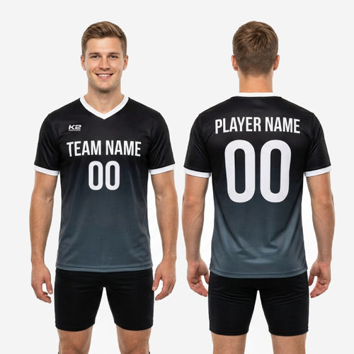 Full body view of K2 Sportswear black and charcoal gradient mens soccer training jersey worn by adult male model