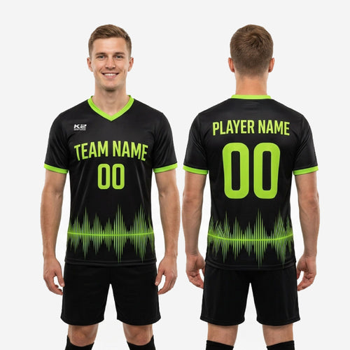 K2 Sportswear custom black and lime green soccer training jersey showing back number and name print zone