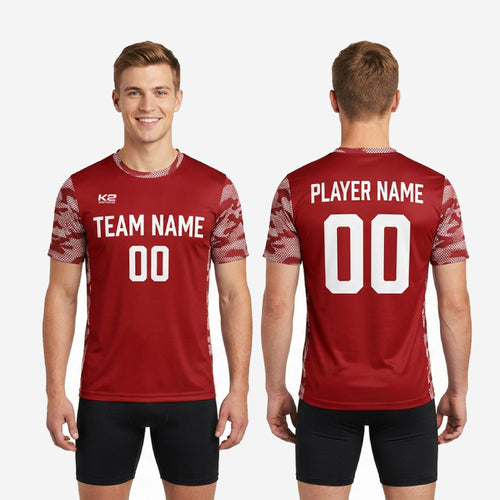 Full view of K2 Sportswear dark red camo training jersey with full-dye sublimation print
