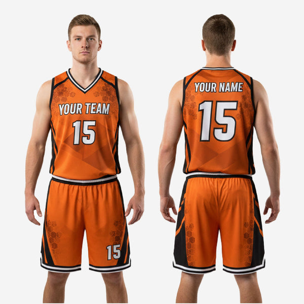 K2 Sportswear orange and black custom basketball uniform kit with personalized team name and numbers
