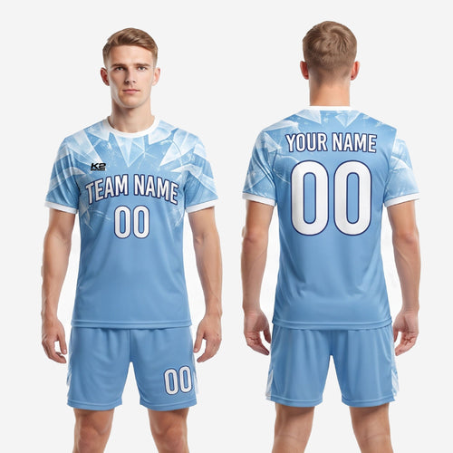 Full set view of men's light blue custom soccer kit including sublimated jersey and matching powder blue shorts