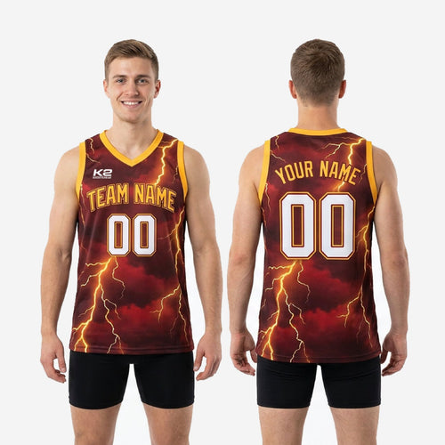 Size and spec chart for custom maroon and gold basketball jerseys showing youth and adult sizing measurements for team roster ordering