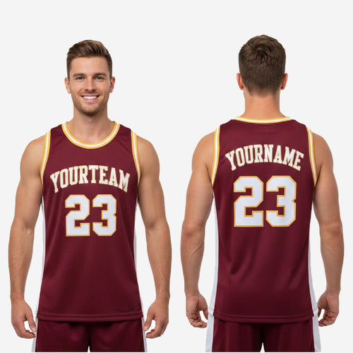 Back view of custom maroon and yellow basketball jersey with player name and number in white with gold outline