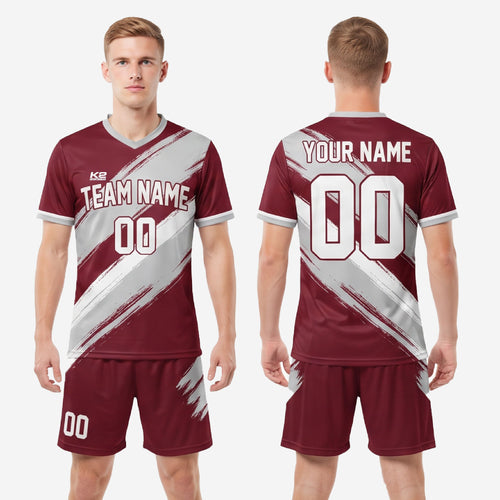 Sublimated maroon and grey soccer uniform kit for custom team orders from K2 Sportswear