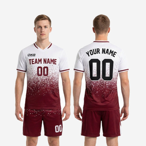 Complete custom maroon and white soccer uniform set with dot-burst print, jersey and shorts made to order for men's teams