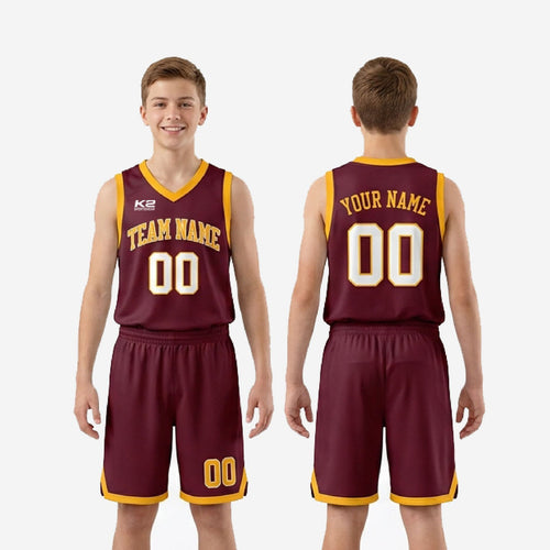 Right side view of custom maroon youth basketball uniform with gold hem chevron detail on matching maroon basketball shorts