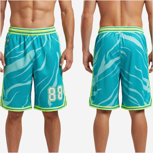 Back view of custom basketball shorts for clubs in teal with neon lime waistband stripe and fade-resistant sublimated flame pattern